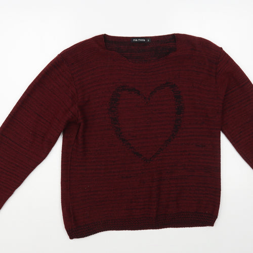 Mia Moda Womens Red Boat Neck Acrylic Pullover Jumper Size M - Heart