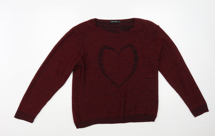 Mia Moda Womens Red Boat Neck Acrylic Pullover Jumper Size M - Heart
