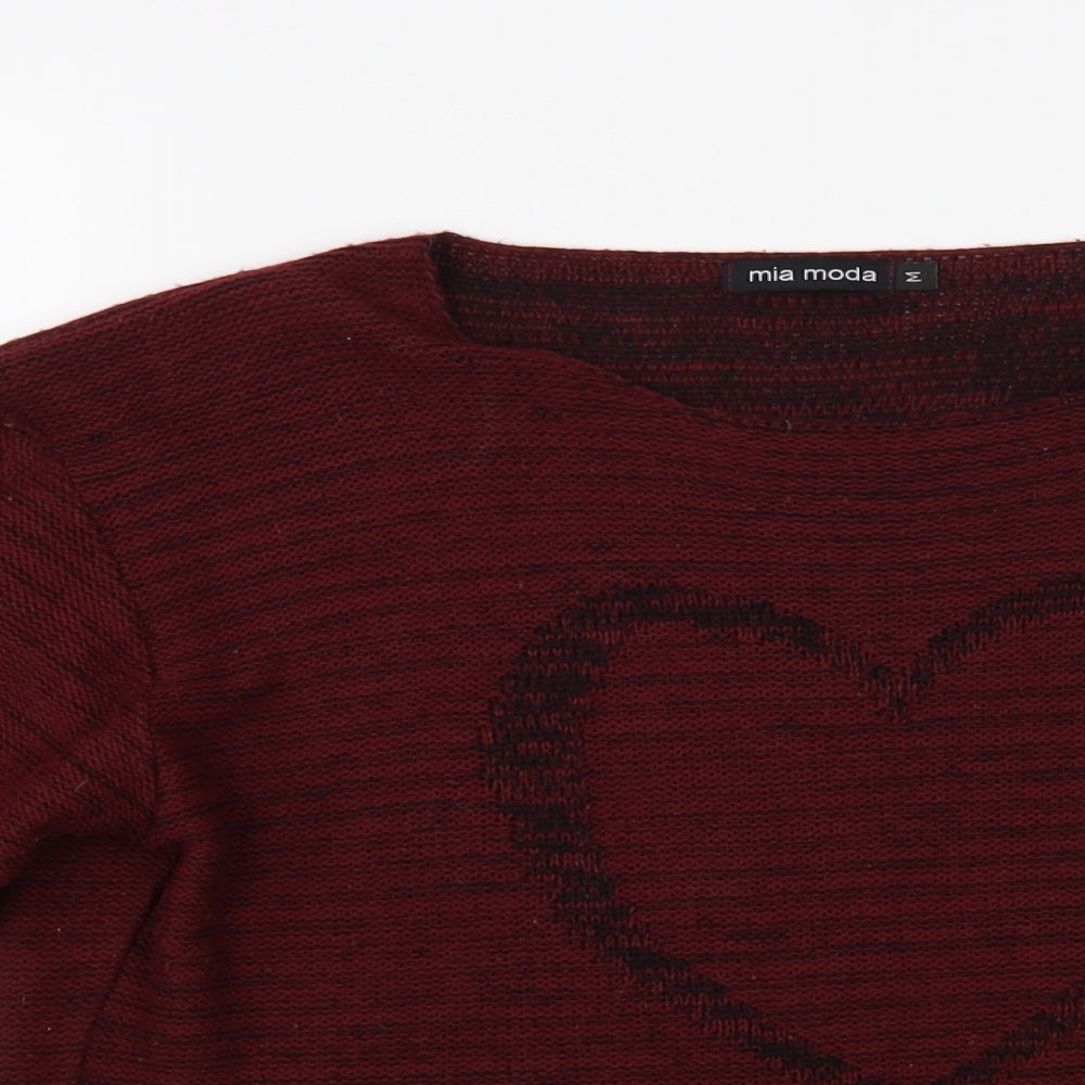Mia Moda Womens Red Boat Neck Acrylic Pullover Jumper Size M - Heart