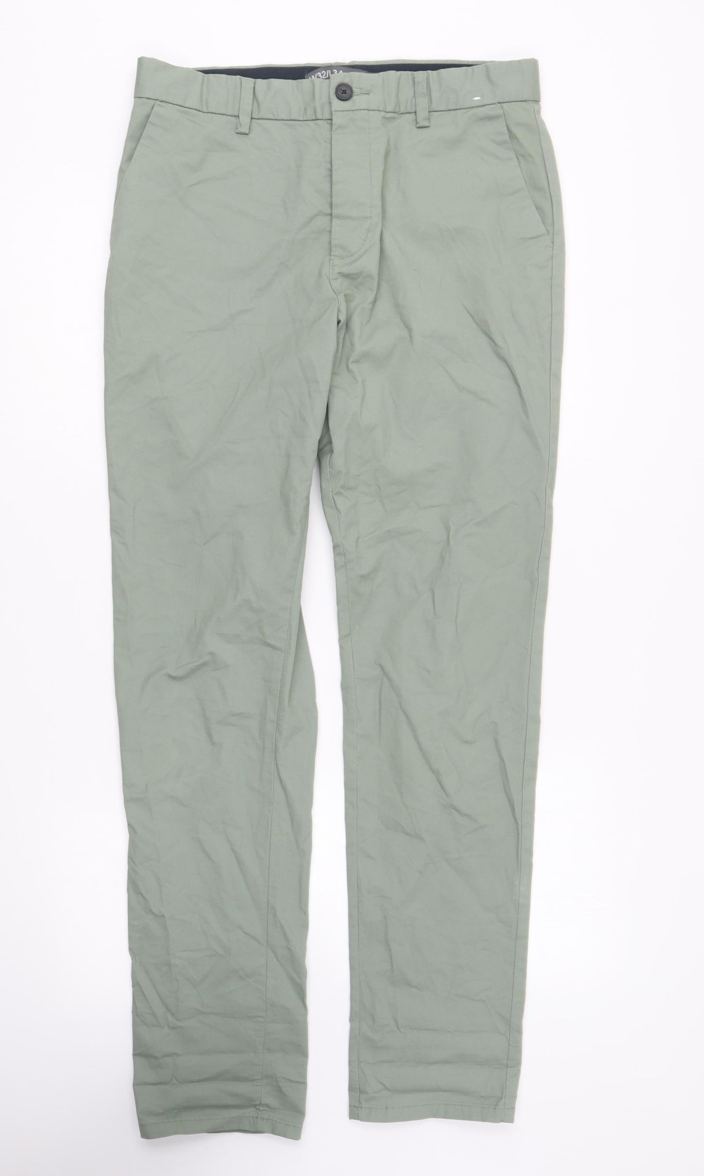 Denim & Co. Mens Green Cotton Chino Trousers Size 32 in L34 in Slim Button