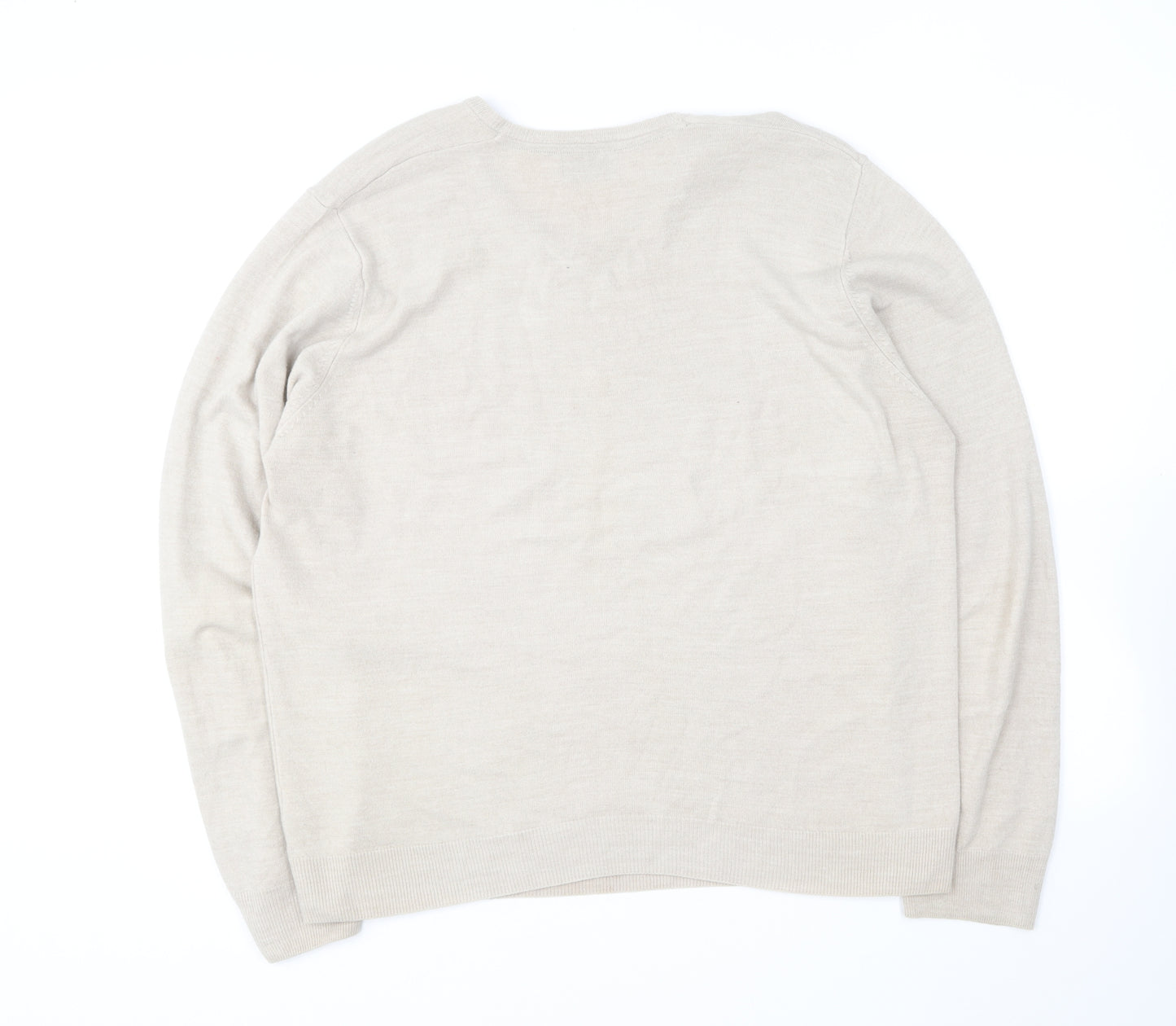 Marks and Spencer Mens Beige V-Neck Acrylic Pullover Jumper Size XL