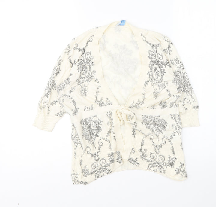 Oasis Womens Ivory V-Neck Geometric Cotton Cardigan Jumper Size 12