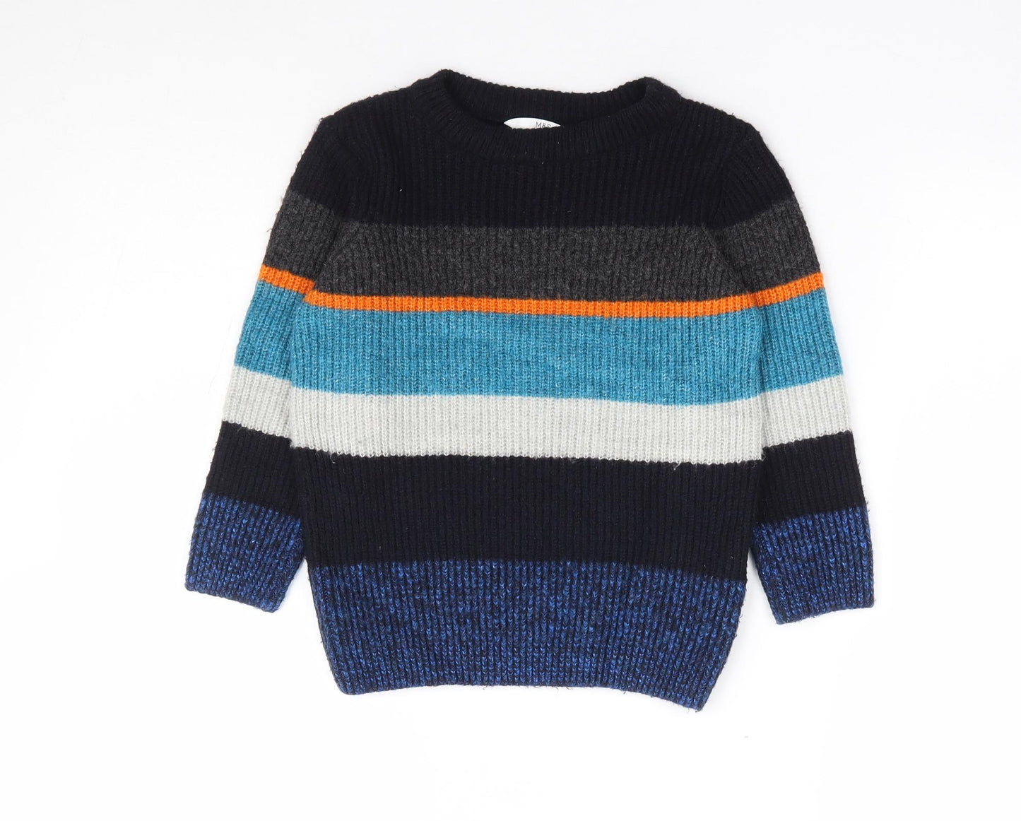Marks and Spencer Boys Blue Round Neck Striped Acrylic Pullover Jumper Size 3-4 Years Pullover