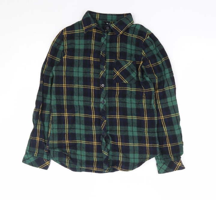 New Look Girls Green Plaid 100% Cotton Jersey Button-Up Size 12 Years Collared Button