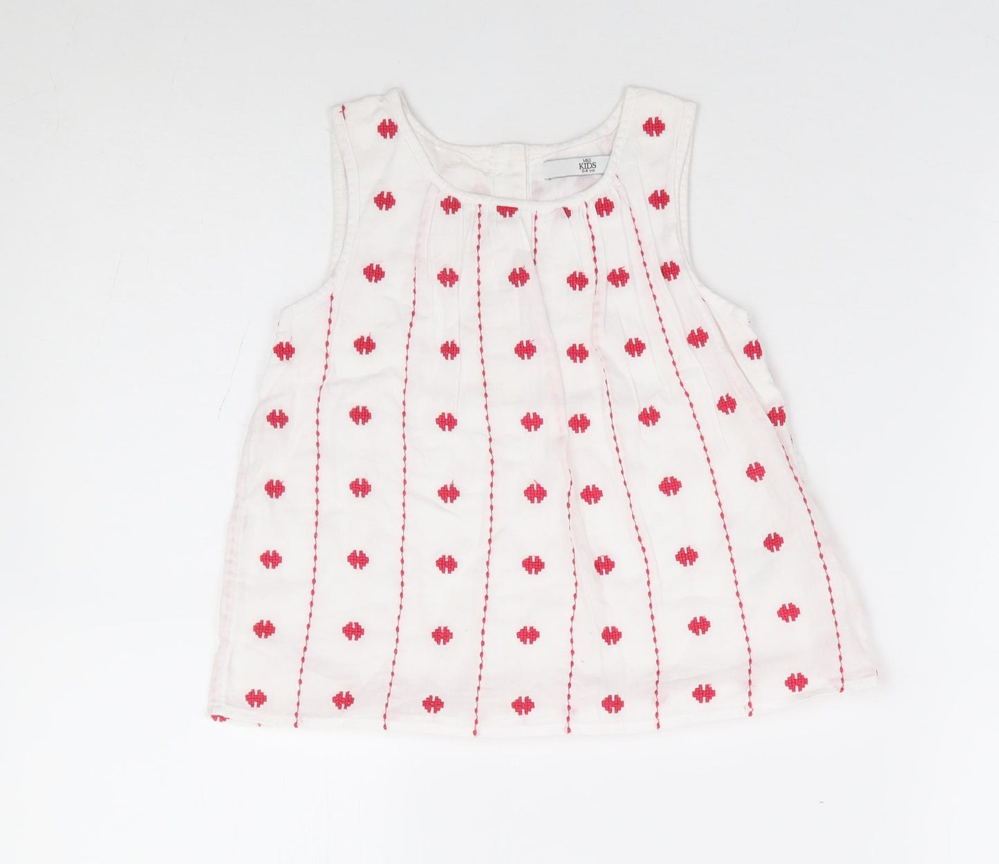 Marks and Spencer Girls Ivory Geometric 100% Cotton Jersey Tank Size 3-4 Years Round Neck Button