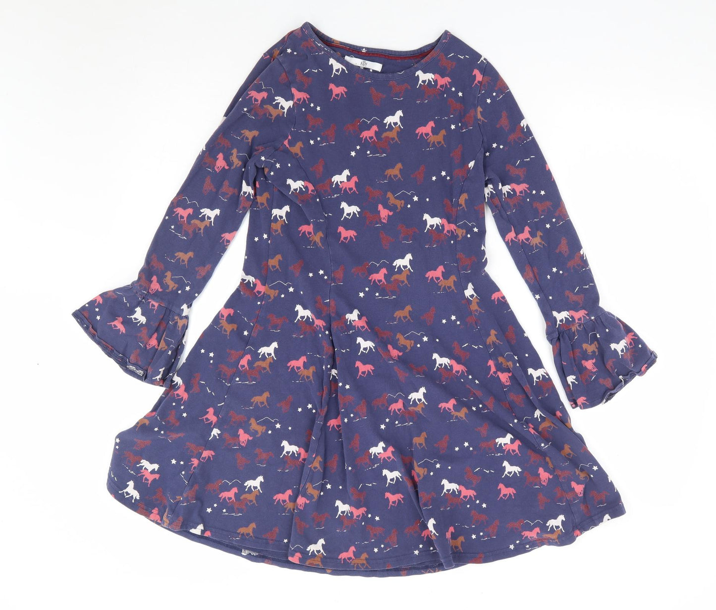 Marks and Spencer Girls Blue Geometric Cotton Skater Dress Size 11-12 Years Round Neck Pullover - Horse