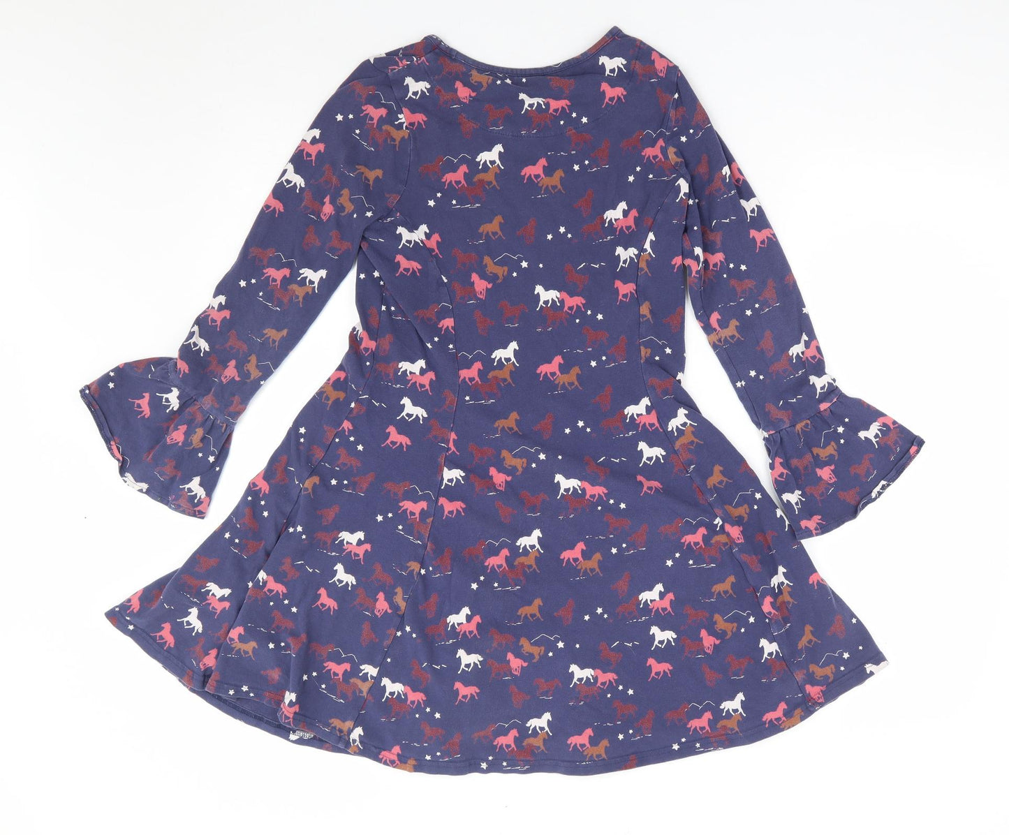 Marks and Spencer Girls Blue Geometric Cotton Skater Dress Size 11-12 Years Round Neck Pullover - Horse