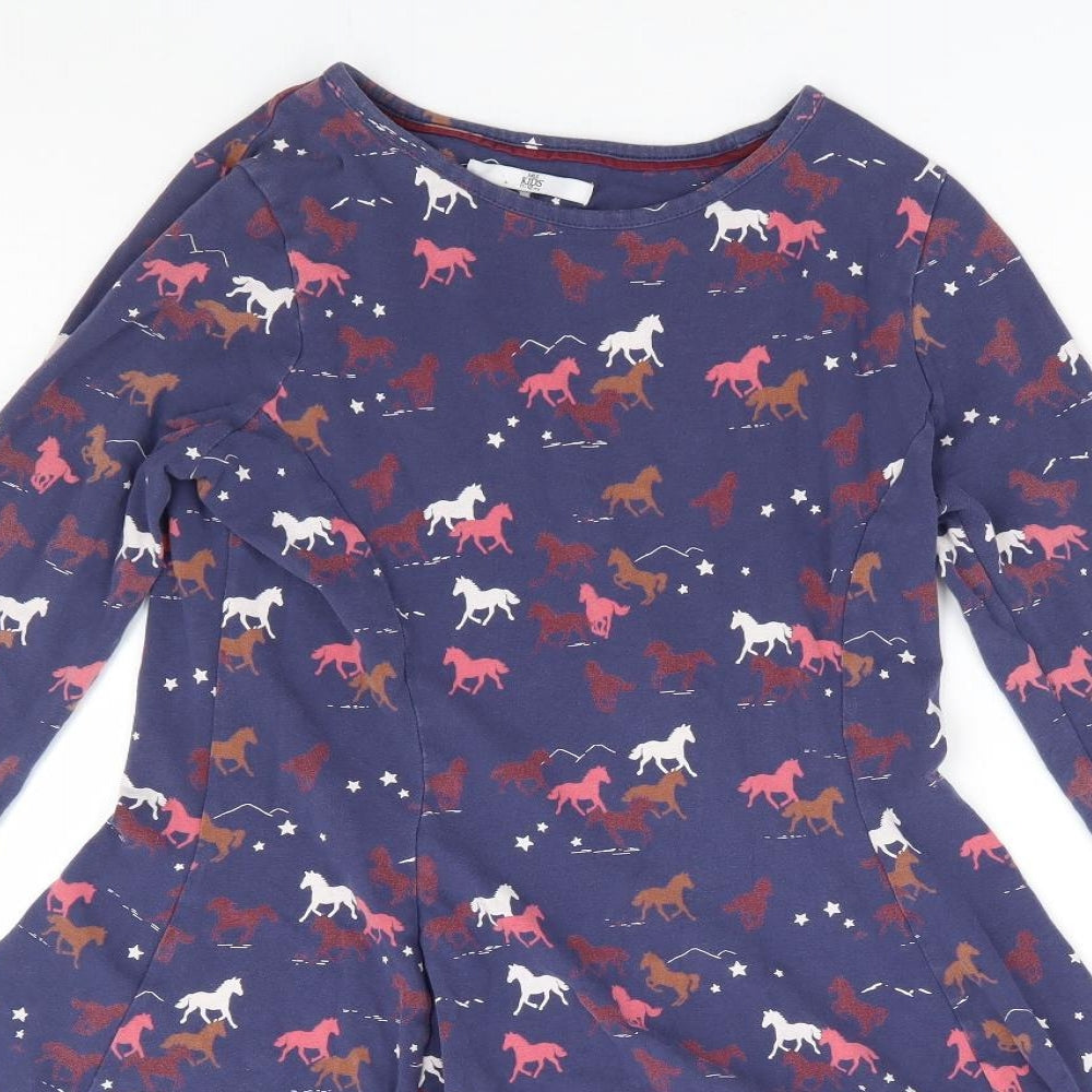 Marks and Spencer Girls Blue Geometric Cotton Skater Dress Size 11-12 Years Round Neck Pullover - Horse