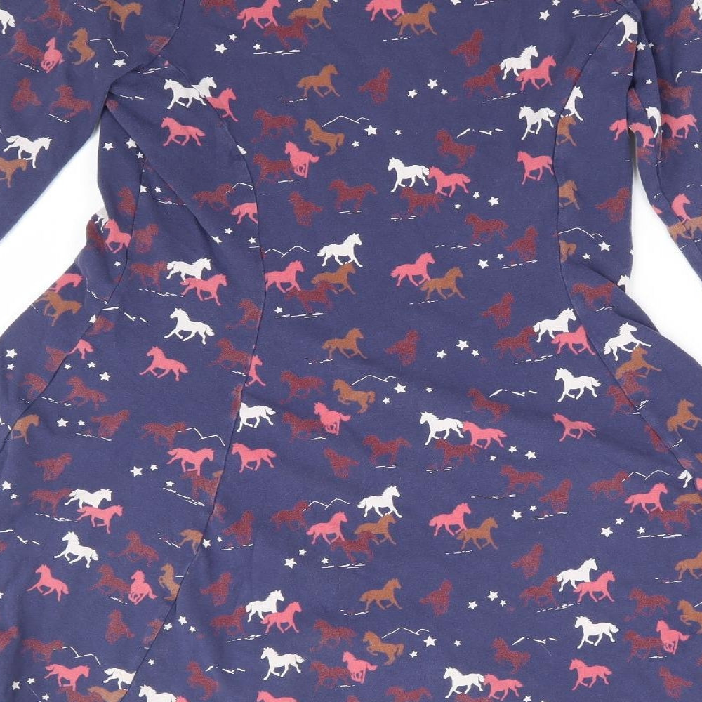 Marks and Spencer Girls Blue Geometric Cotton Skater Dress Size 11-12 Years Round Neck Pullover - Horse