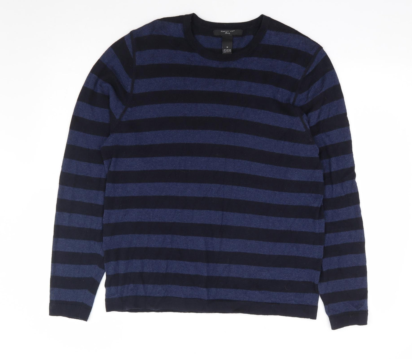 Marcus Law Mens Blue Round Neck Striped Cotton Pullover Jumper Size M