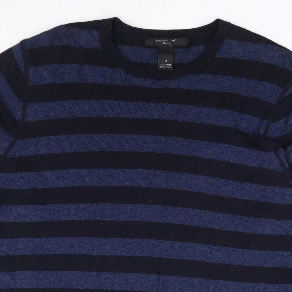 Marcus Law Mens Blue Round Neck Striped Cotton Pullover Jumper Size M