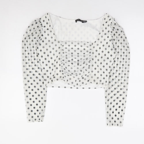 I SAW IT FIRST Womens Ivory Polka Dot Polyester Cropped Blouse Size 12 Square Neck