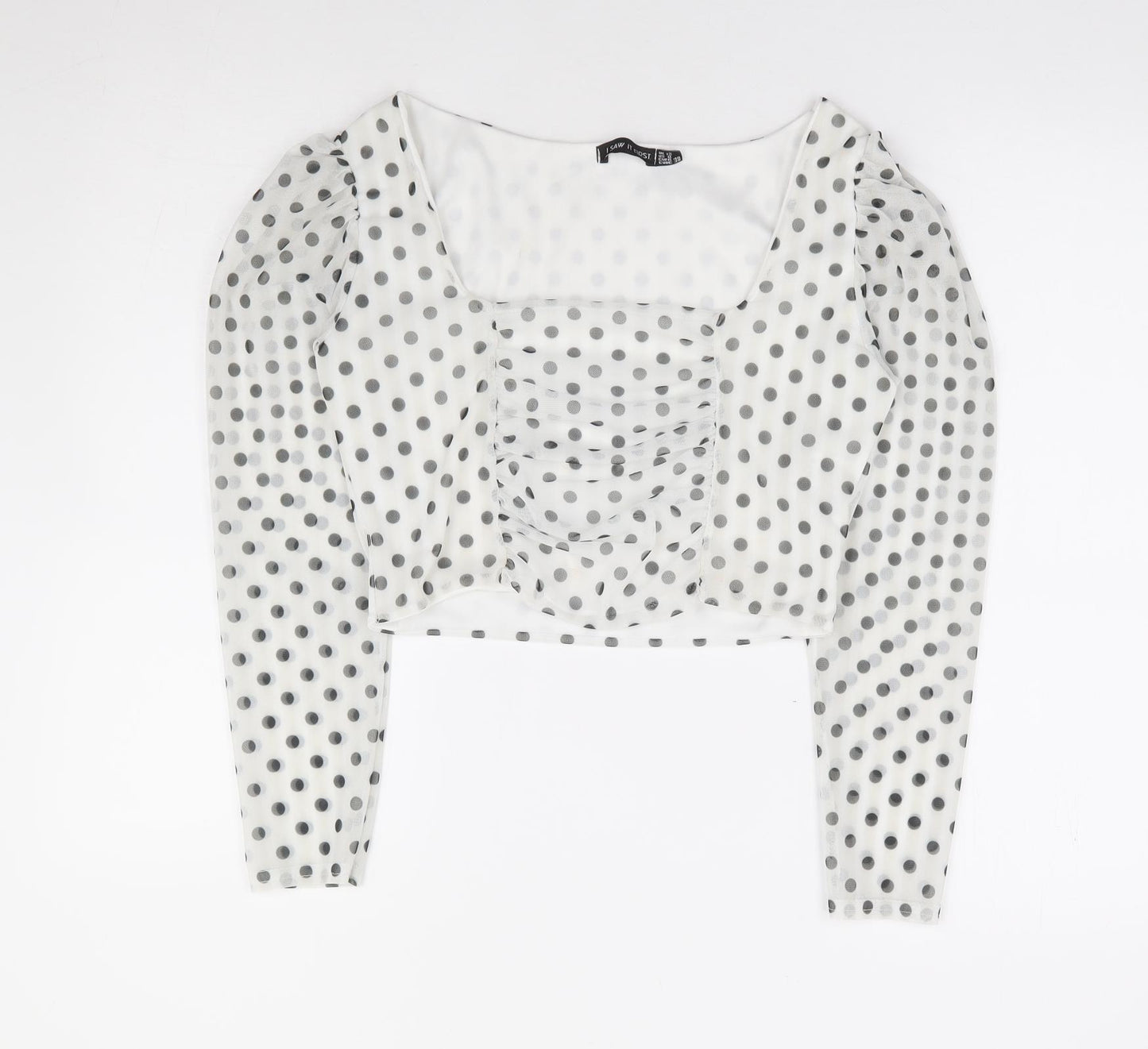 I SAW IT FIRST Womens Ivory Polka Dot Polyester Cropped Blouse Size 12 Square Neck