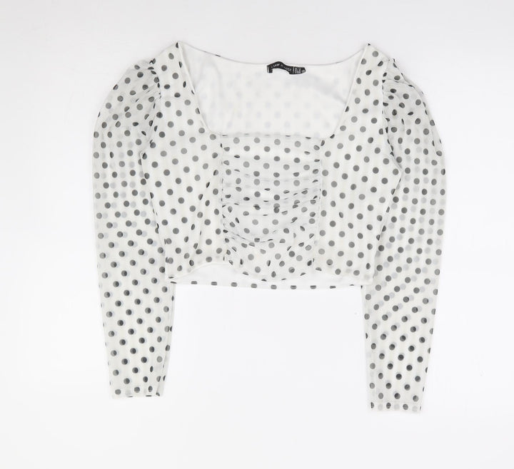 I SAW IT FIRST Womens Ivory Polka Dot Polyester Cropped Blouse Size 12 Square Neck