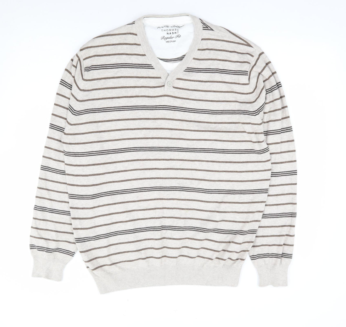 Thomas Nash Mens Beige Round Neck Striped Cotton Pullover Jumper Size M