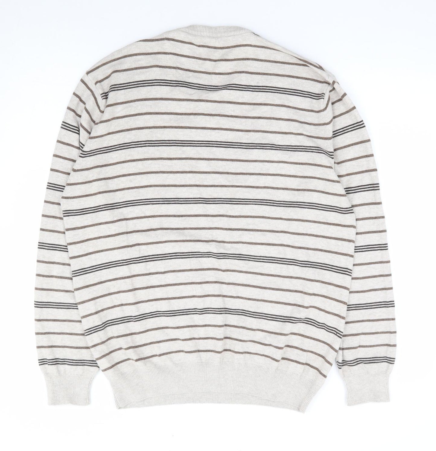 Thomas Nash Mens Beige Round Neck Striped Cotton Pullover Jumper Size M