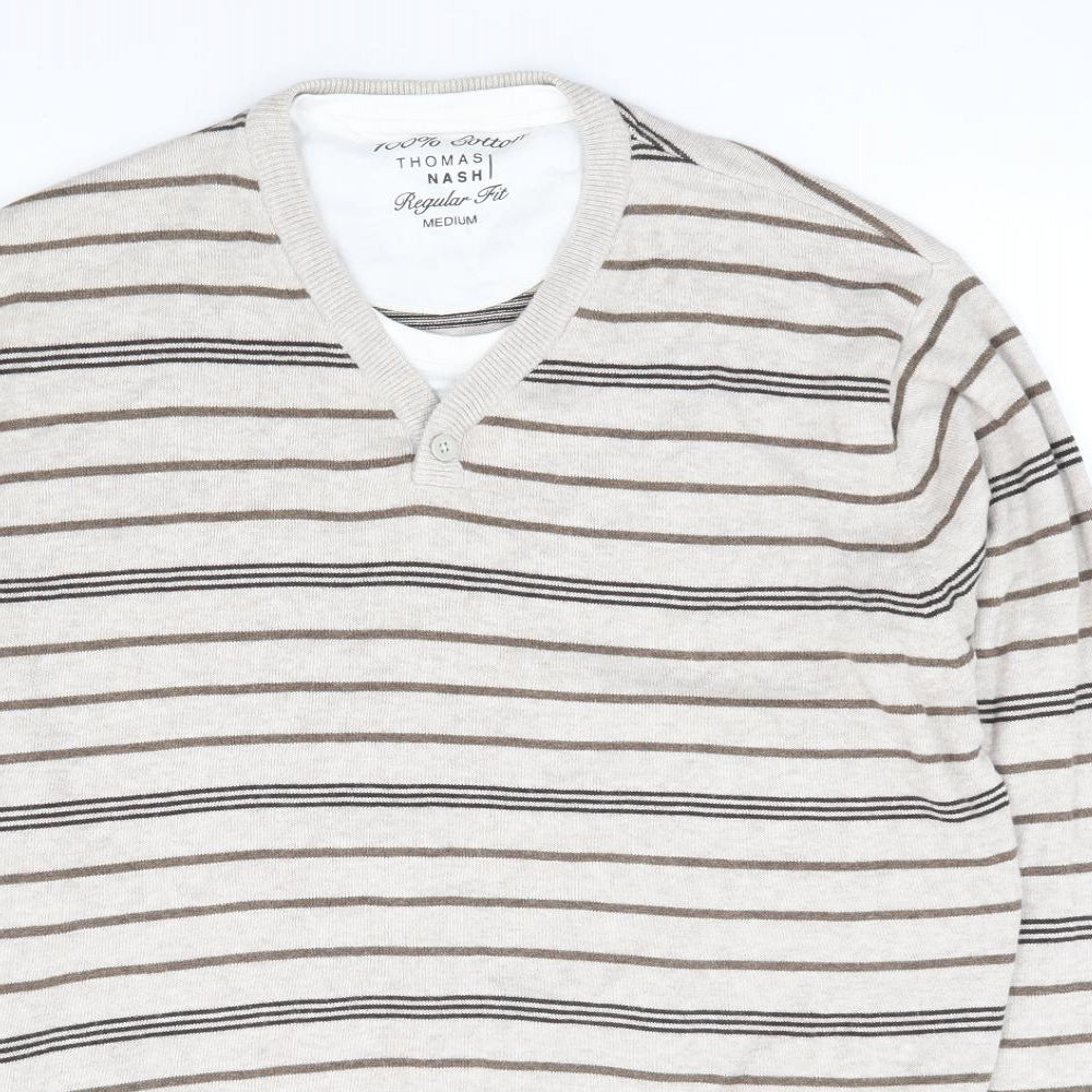 Thomas Nash Mens Beige Round Neck Striped Cotton Pullover Jumper Size M