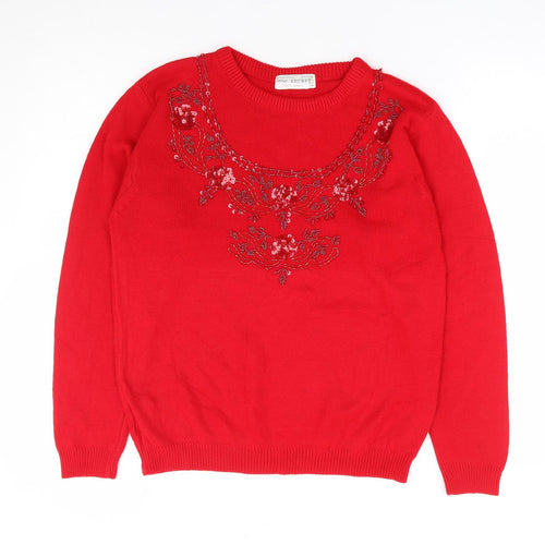 Top Secret Womens Red Round Neck Floral Acrylic Pullover Jumper Size M