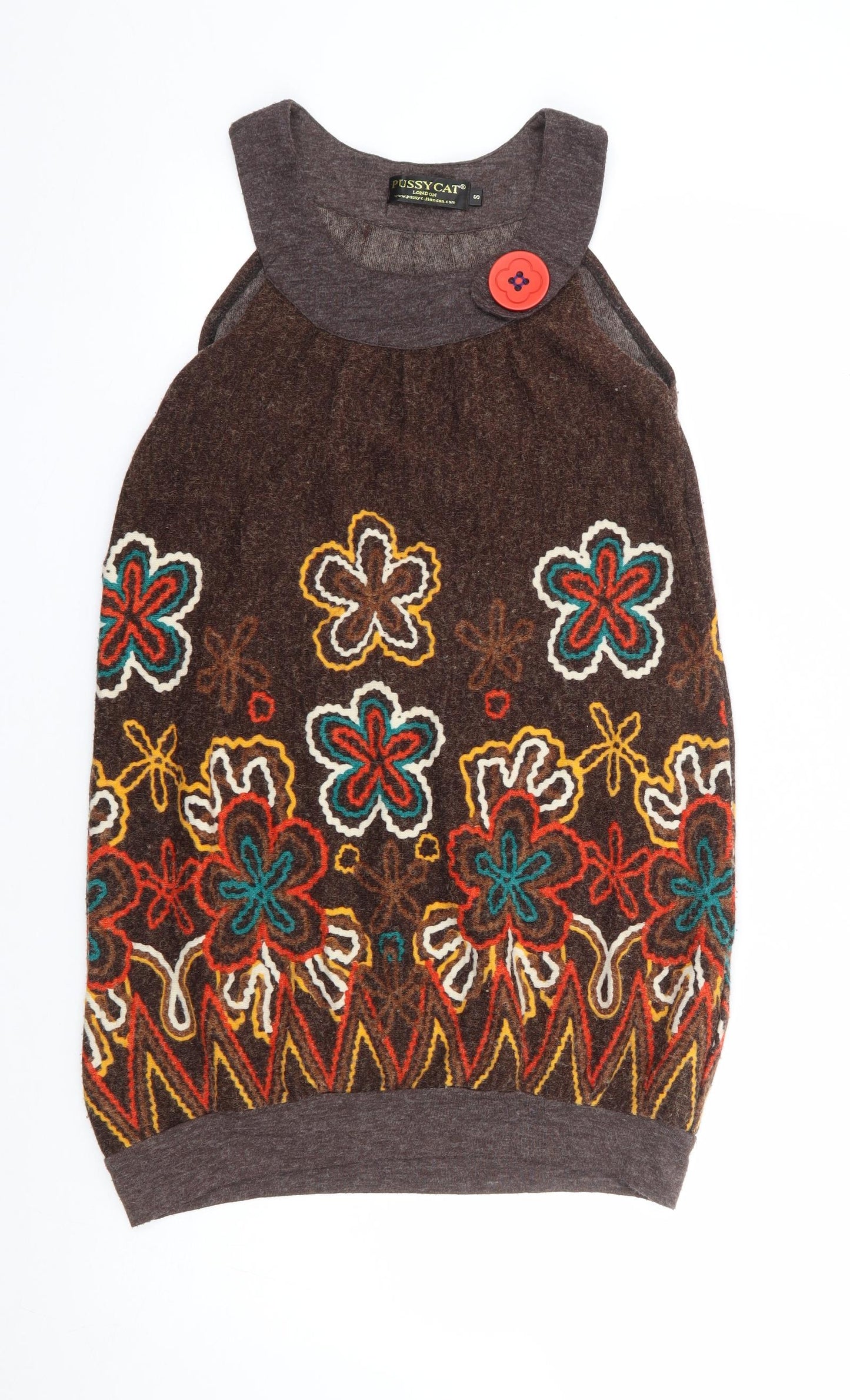 Pussycat London Womens Brown Floral Acrylic Tunic Tank Size S Round Neck