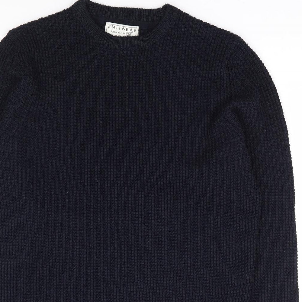 F&F Mens Blue Crew Neck Acrylic Henley Jumper Size S