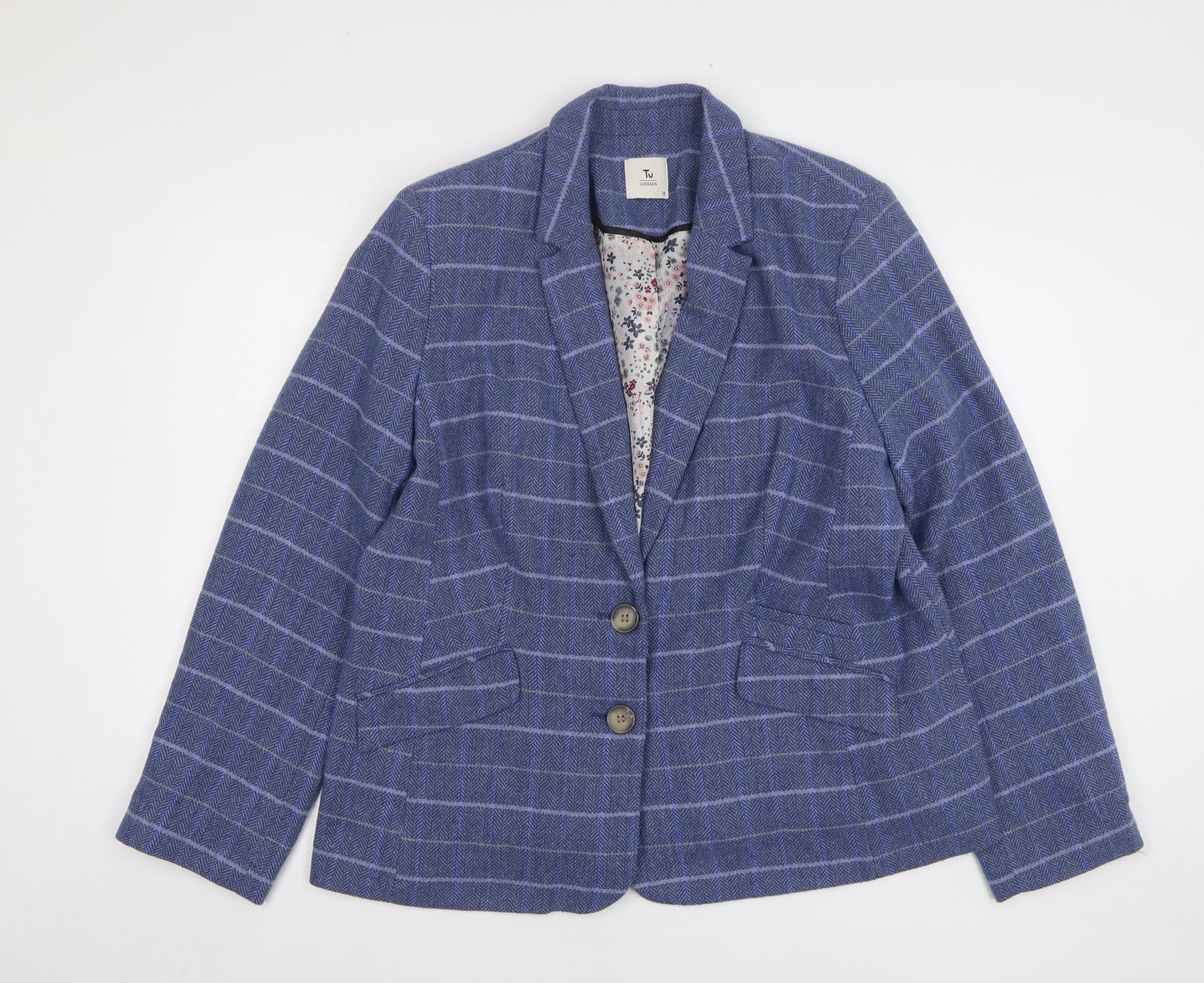TU Womens Blue Check Wool Jacket Suit Jacket Size 18