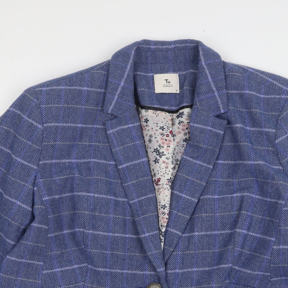 TU Womens Blue Check Wool Jacket Suit Jacket Size 18