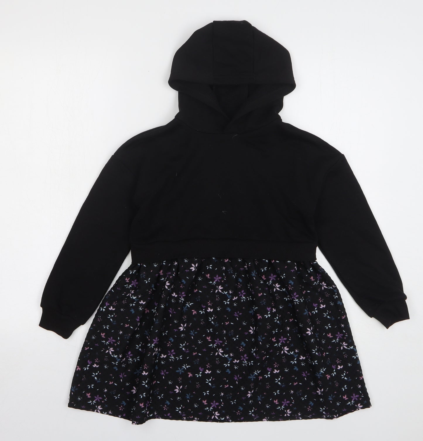 Primark Girls Black Floral Cotton Jumper Dress Size 7-8 Years V-Neck