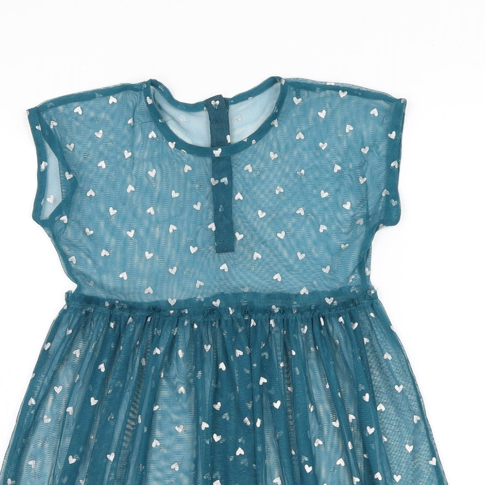 George Girls Blue Polyester Skater Dress Size 5-6 Years Round Neck Pullover - Heart