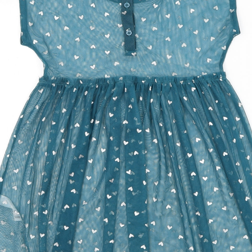 George Girls Blue Polyester Skater Dress Size 5-6 Years Round Neck Pullover - Heart