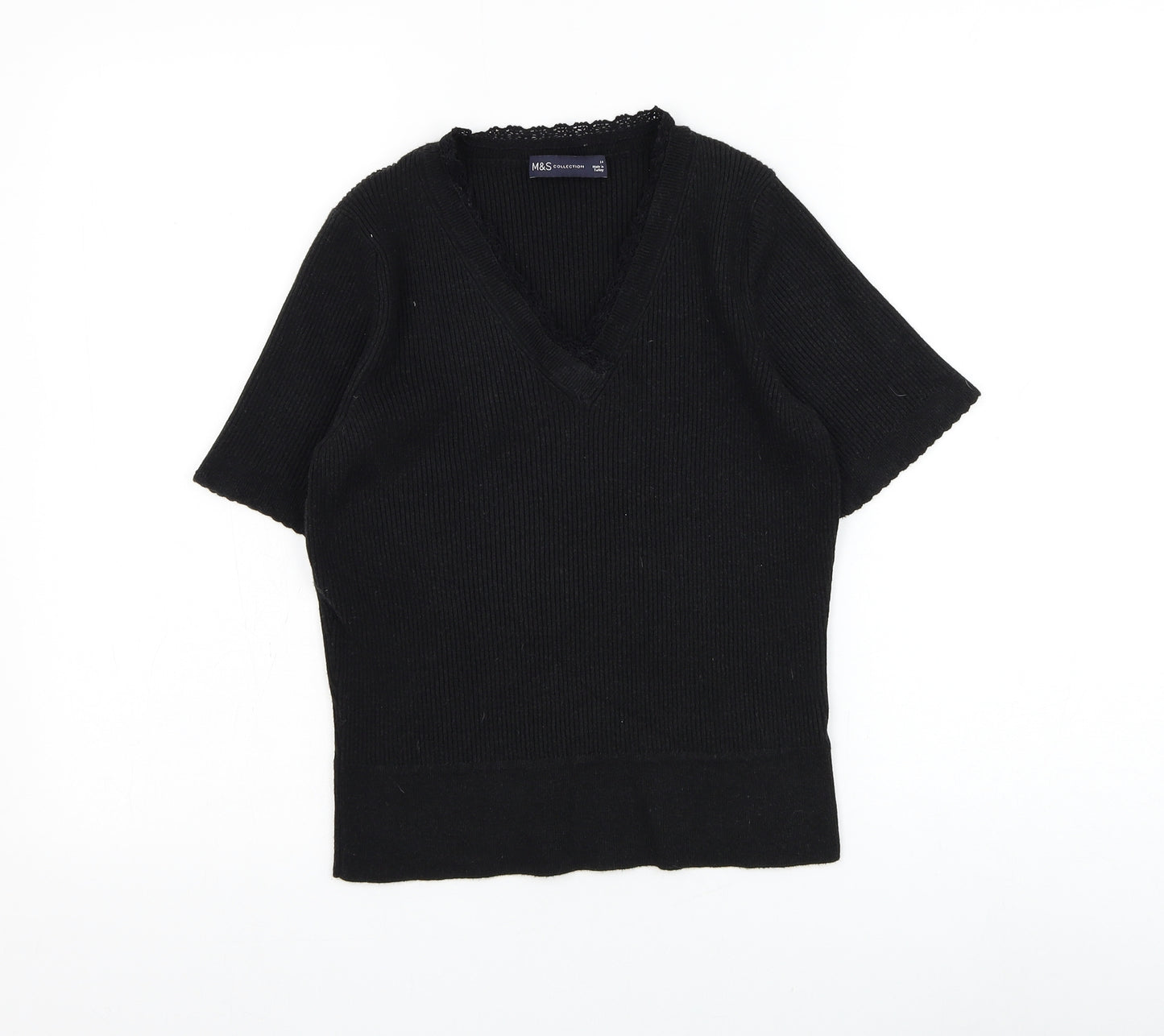 Marks and Spencer Womens Black V-Neck Polyester Pullover Jumper Size 14