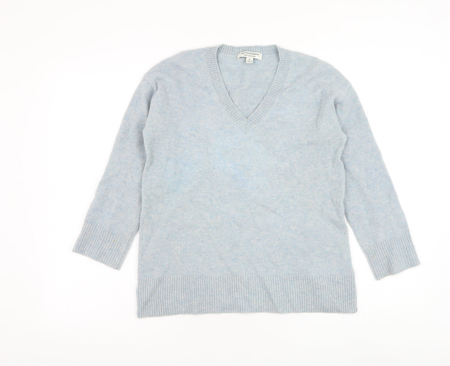 Marks and Spencer Womens Blue V-Neck Cashmere Pullover Jumper Size XS