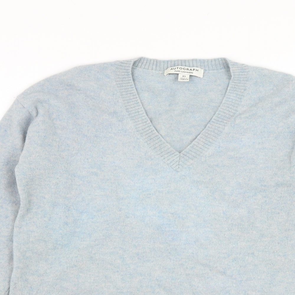 Marks and Spencer Womens Blue V-Neck Cashmere Pullover Jumper Size XS