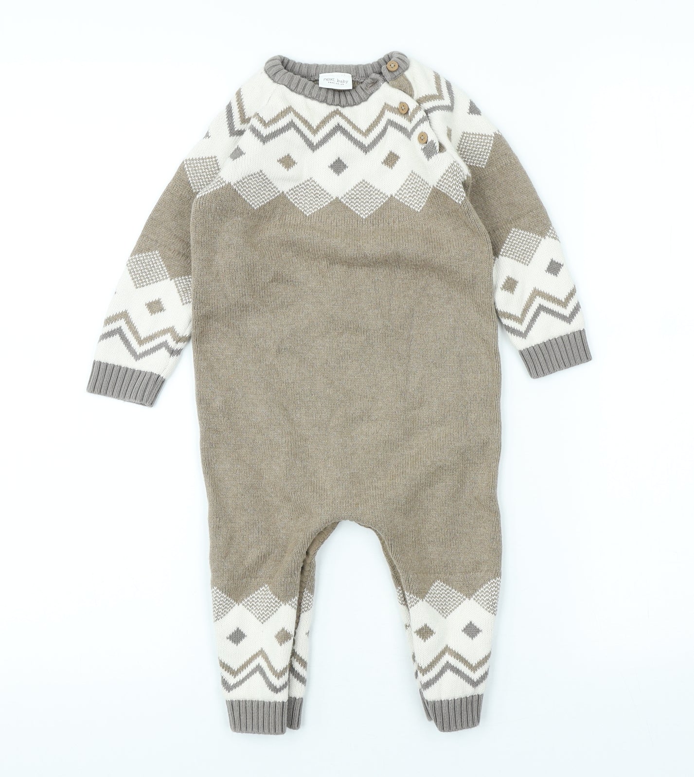 NEXT Baby Brown Fair Isle Cotton Babygrow One-Piece Size 12-18 Months Button