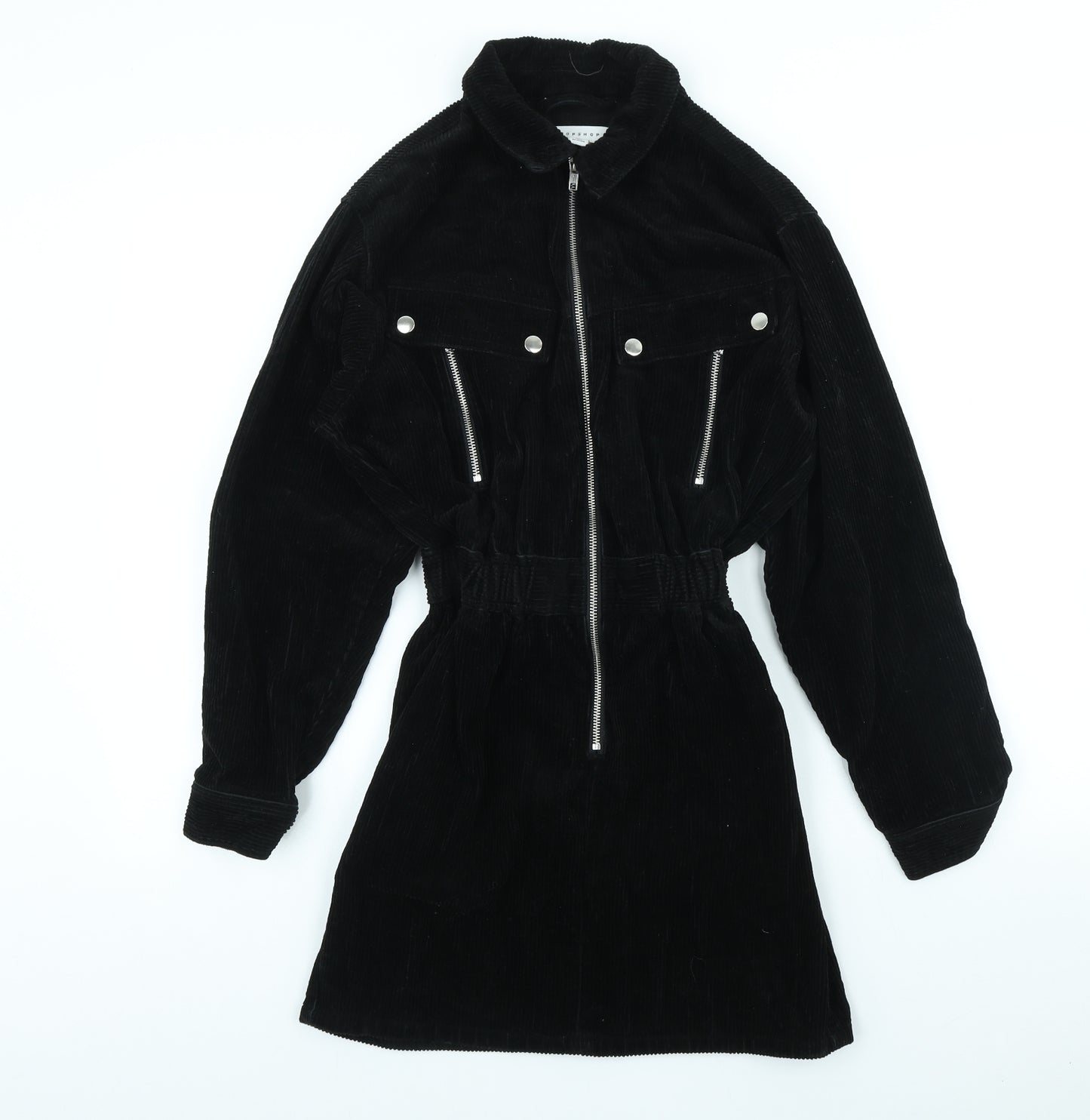 Topshop Womens Black Cotton A-Line Size 6 Collared Zip
