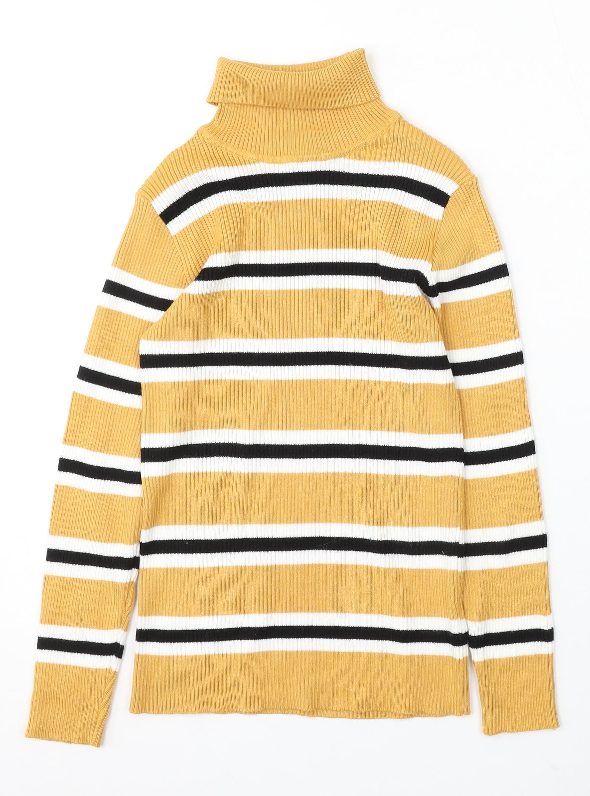 Primark Girls Yellow Roll Neck Striped Viscose Pullover Jumper Size 11-12 Years