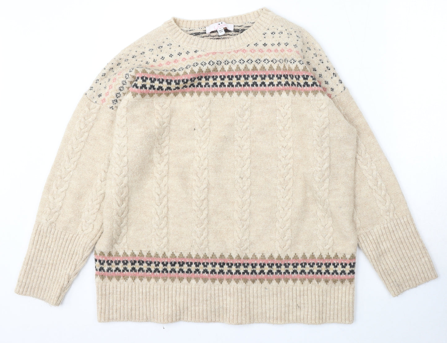 Julipa Womens Beige Round Neck Geometric Polyester Pullover Jumper Size 16