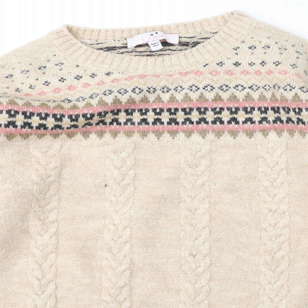 Julipa Womens Beige Round Neck Geometric Polyester Pullover Jumper Size 16