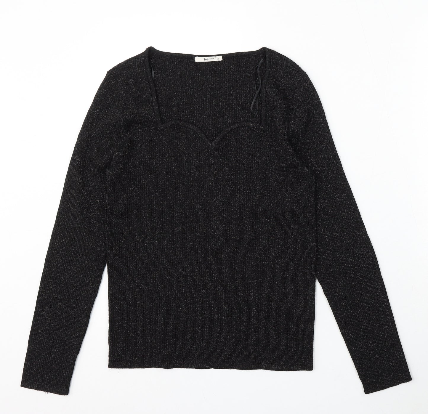 TU Womens Black Square Neck Polyester Pullover Jumper Size 14