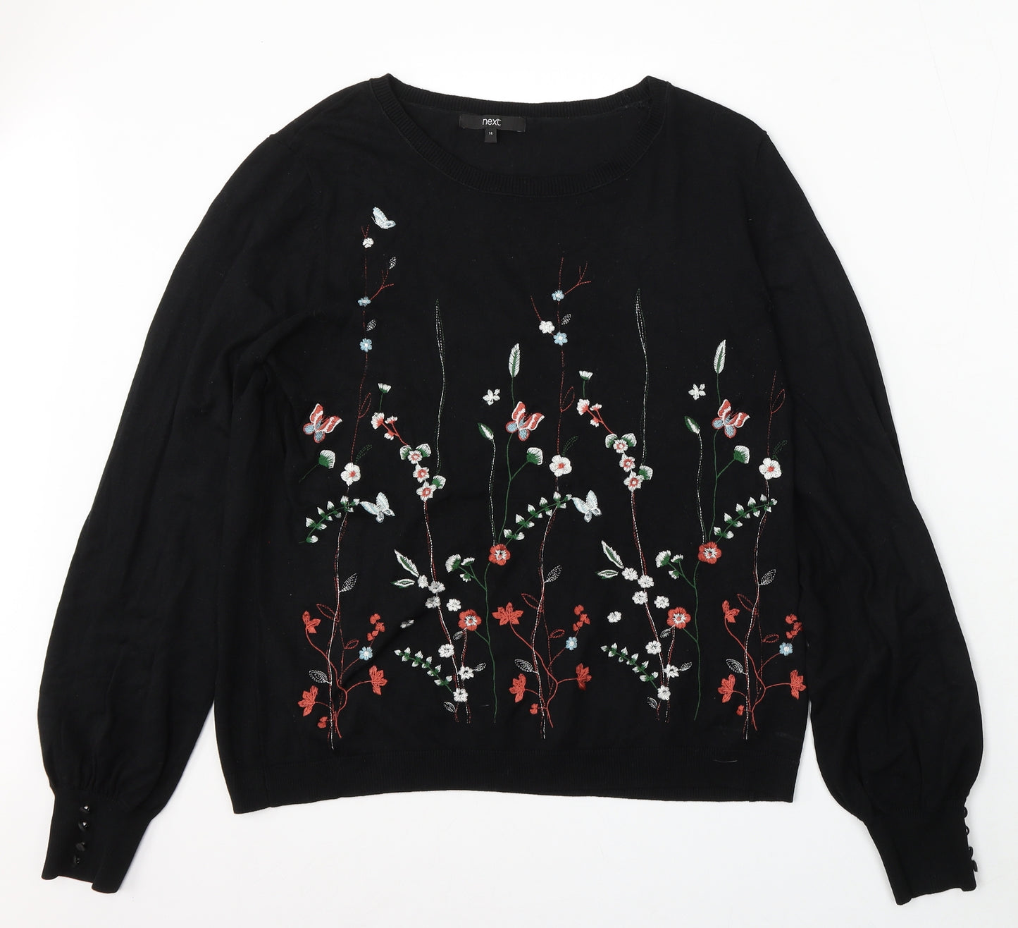 NEXT Womens Black Round Neck Floral Viscose Pullover Jumper Size 14