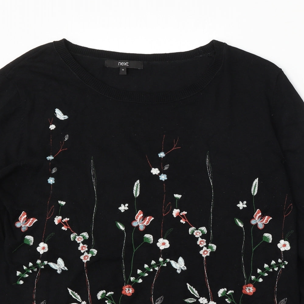NEXT Womens Black Round Neck Floral Viscose Pullover Jumper Size 14