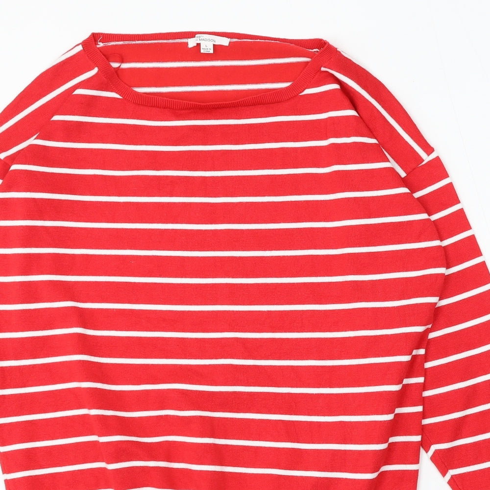 89th & Madison Womens Red Round Neck Striped Rayon Pullover Jumper Size L