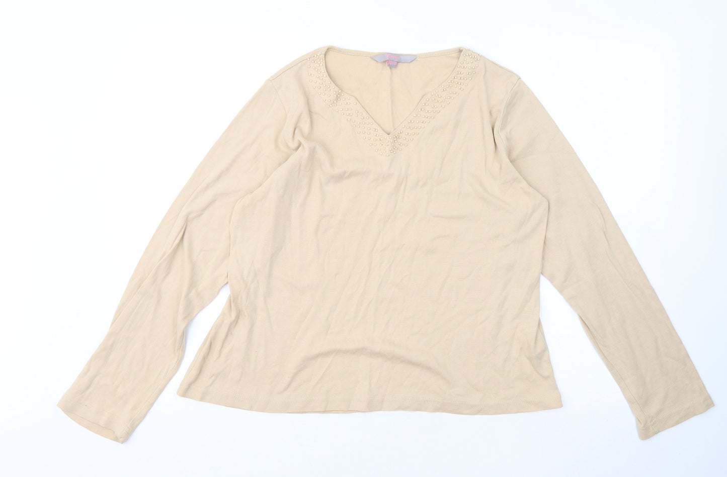 Deanes Womens Beige Cotton Basic T-Shirt Size 16 V-Neck