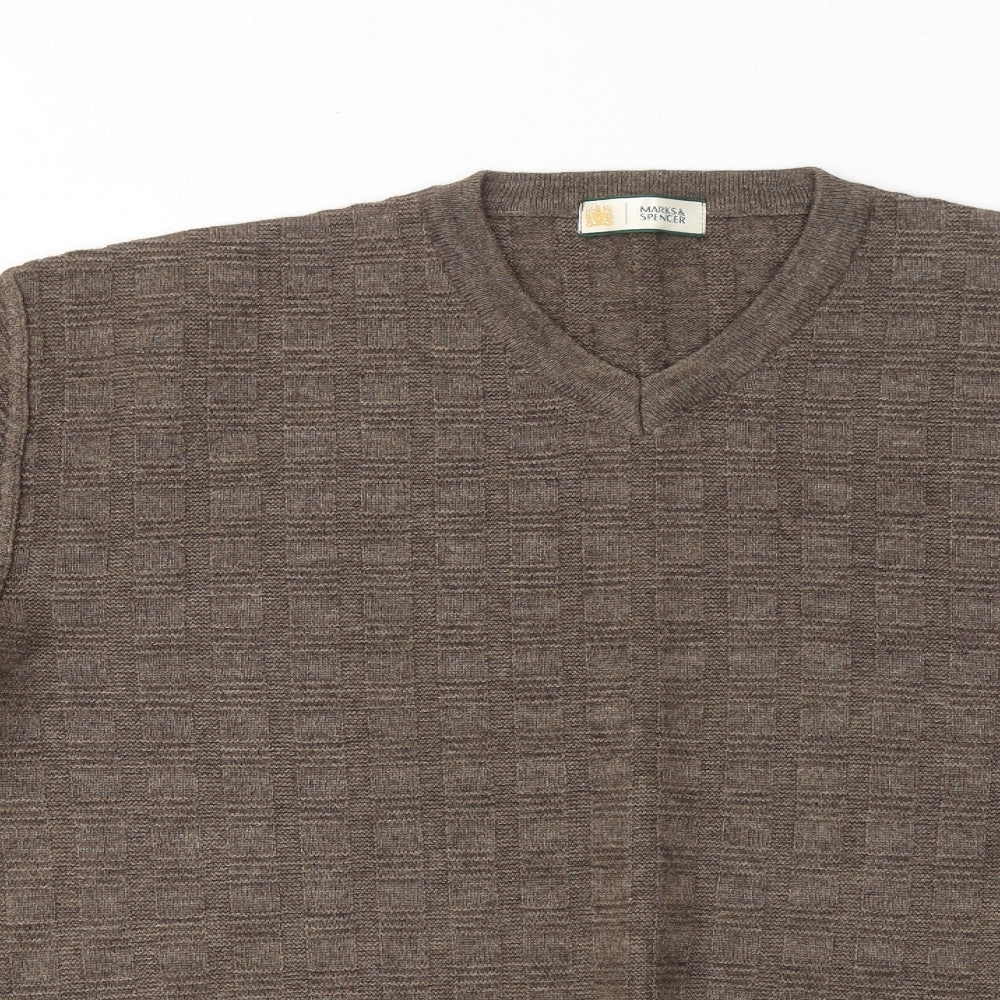 Marks and Spencer Mens Brown V-Neck Geometric Acrylic Pullover Jumper Size 2XL