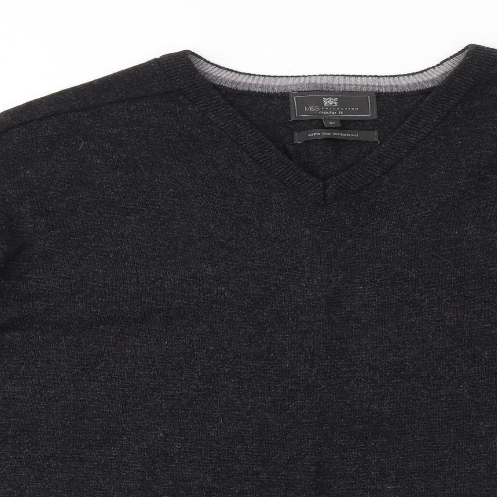 Marks and Spencer Mens Grey V-Neck Wool Pullover Jumper Size XL