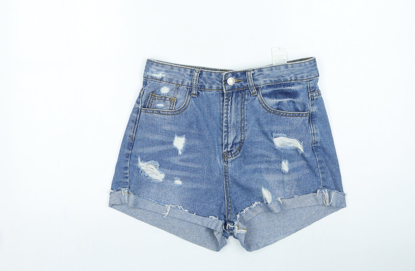 SheIn Womens Blue Cotton Hot Pants Shorts Size 30 in L6 in Regular Button - Distressed