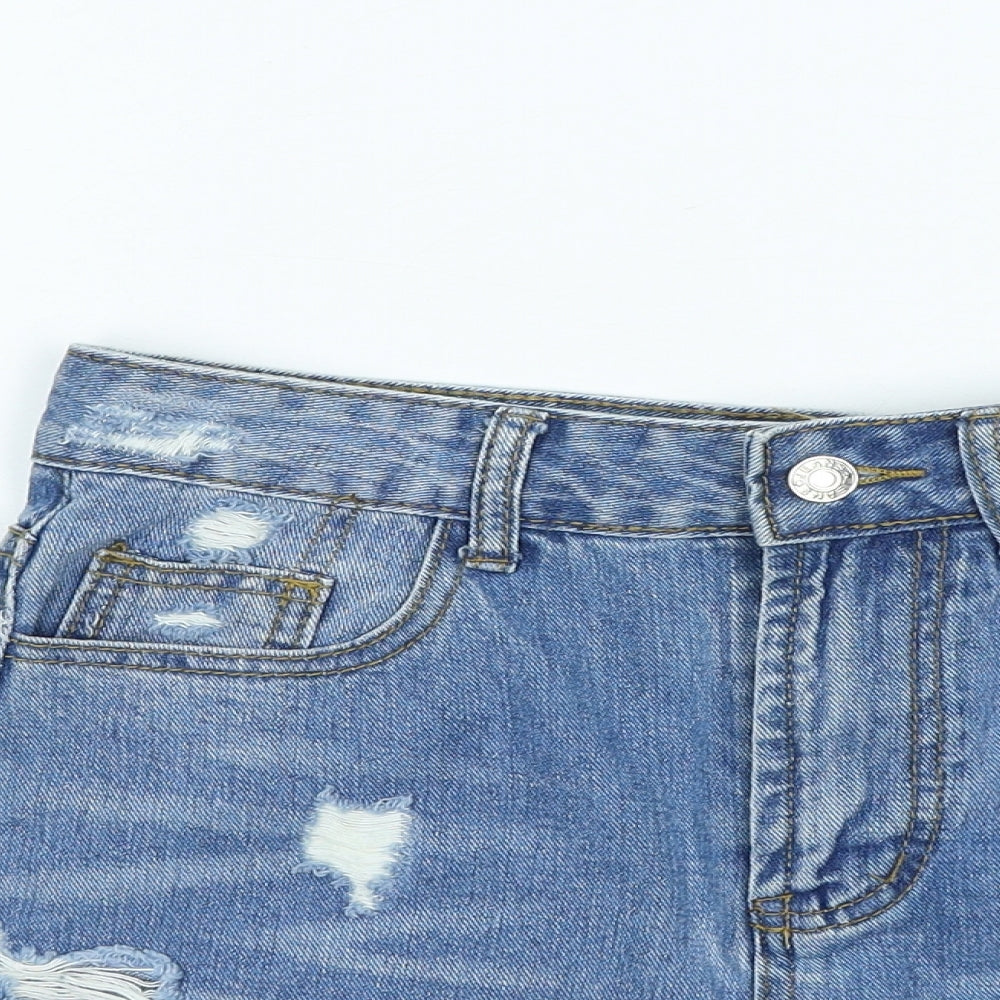 SheIn Womens Blue Cotton Hot Pants Shorts Size 30 in L6 in Regular Button - Distressed