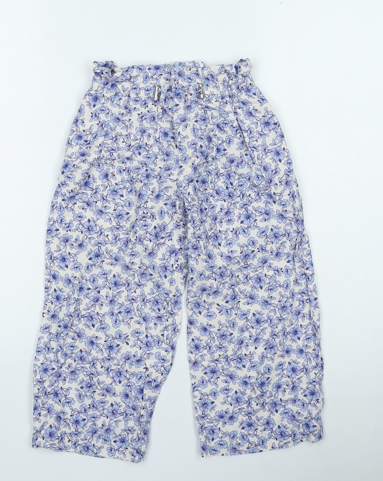 Zara Girls Blue Floral Linen Bloomer Trousers Size 7 Years Regular Pullover