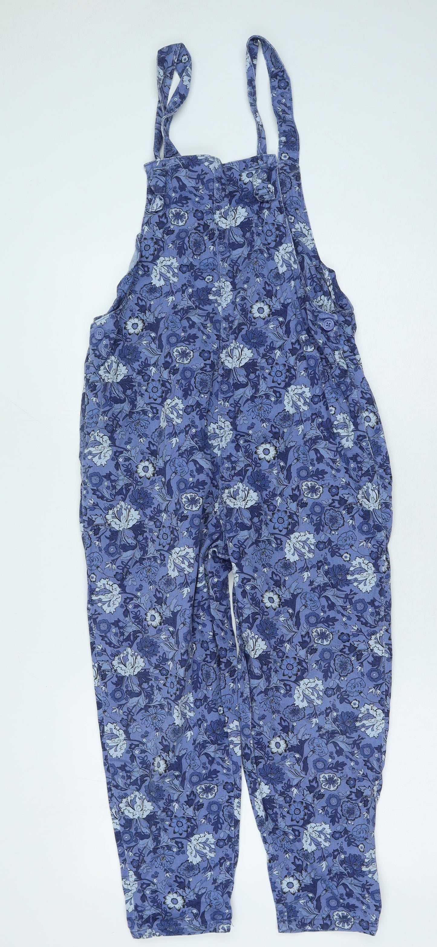 NEXT Girls Blue Floral Cotton Dungaree One-Piece Size 11 Years Button