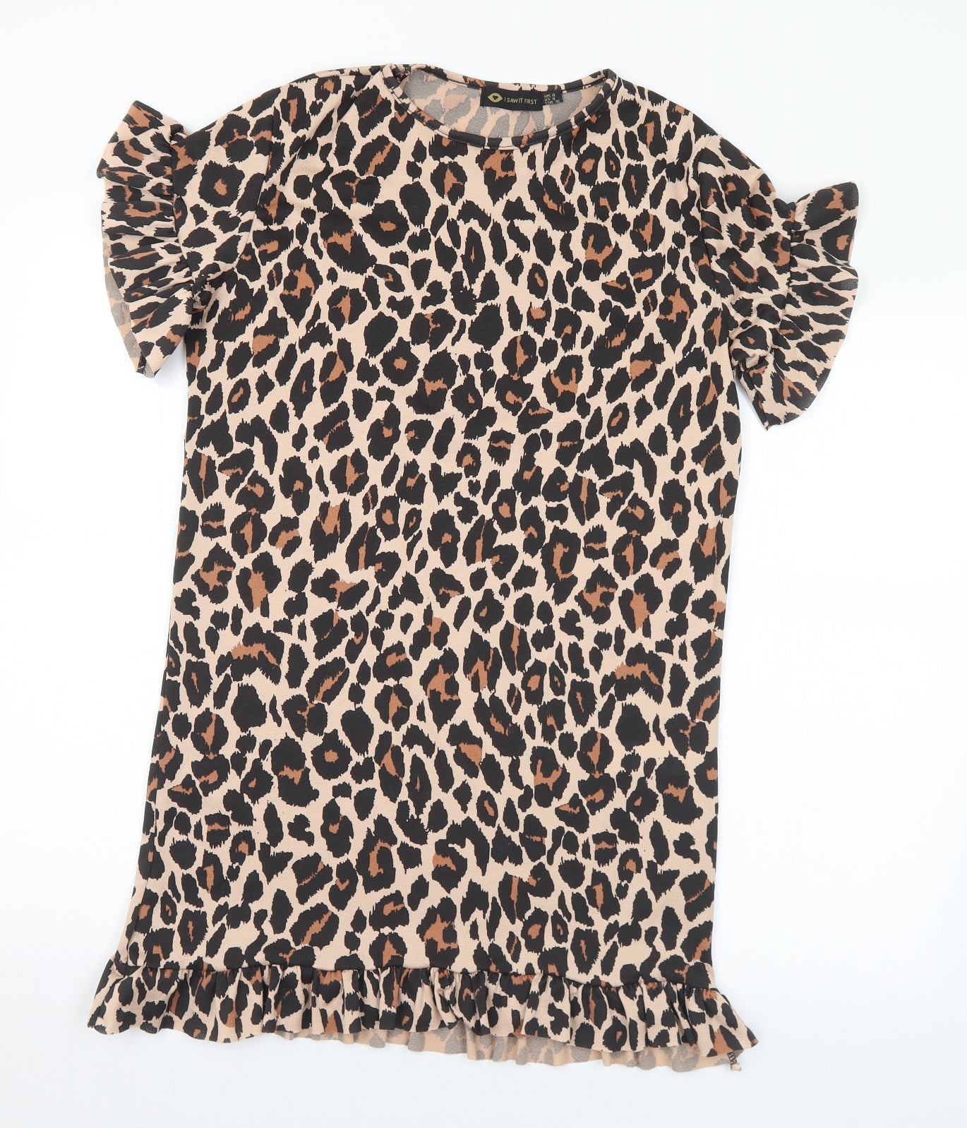 I SAW IT FIRST Womens Brown Animal Print Polyester Mini Size 8 Round Neck