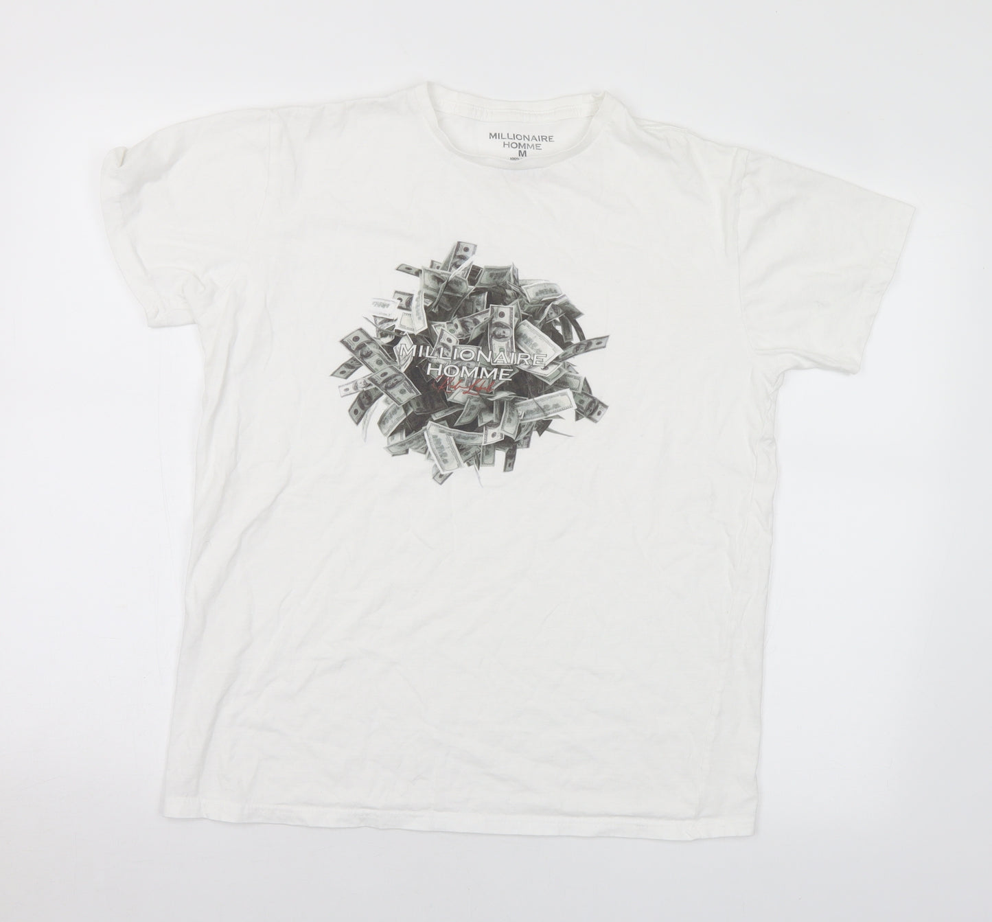 Millionaire Homme Mens White Cotton T-Shirt Size M Crew Neck - Money